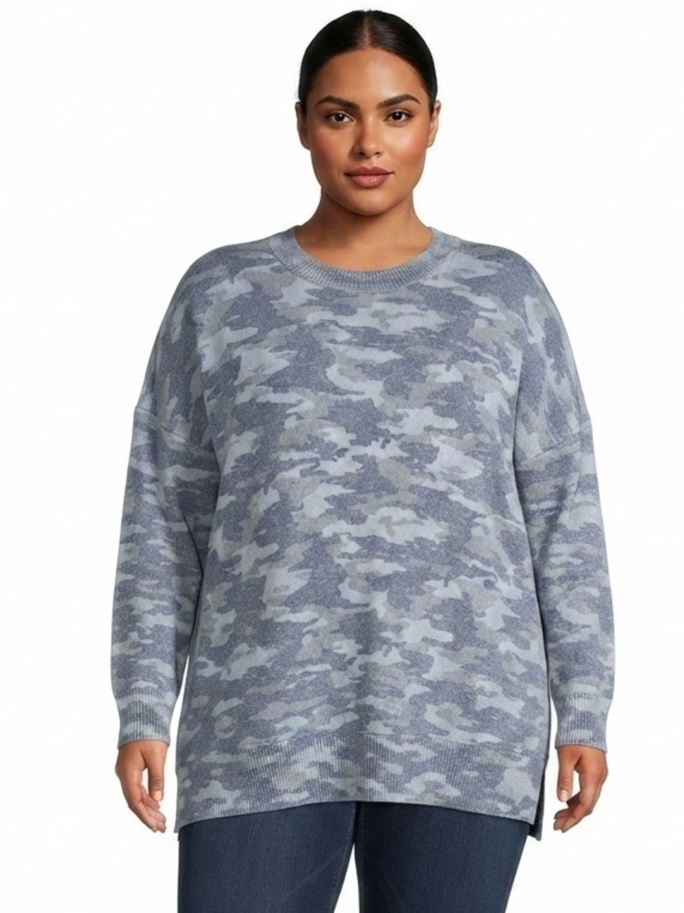 WONDERLY Blue Camo Long Sleeve Knit Top Sweater Pullover Casual Plus 4X